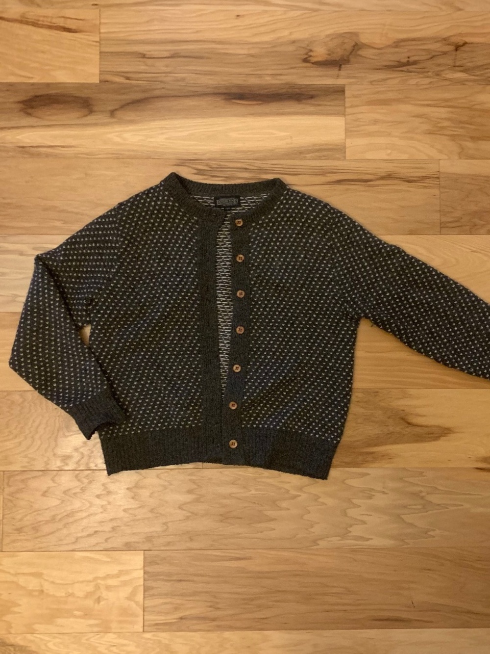 Vintage gray Land’s End wool cardigan with Birds Eye pattern